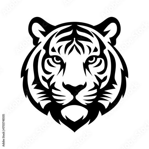 Powerful Black and White Vector Illustration of a Fierce Tiger Head. A majestic and stylized big cat emblem with bold stripes and intense eyes, perfect for logos, mascots, tattoos and graphic design p