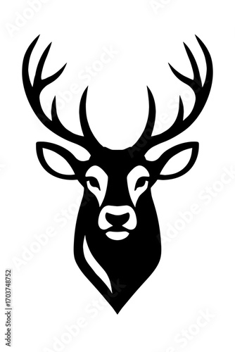 Striking Black and White Deer Head Silhouette Vector Illustration with Majestic Antlers. Elegant Stag Logo Design, Wild Animal Icon, Nature Artwork, Woodland Mascot. Perfect for Branding, Hunting, Out