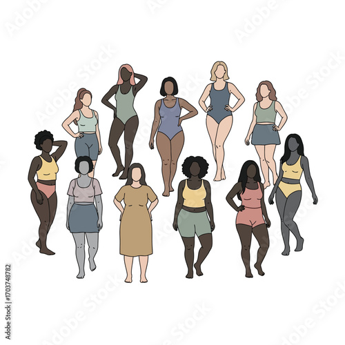 A diverse group of illustrated women with different body types celebrating body positivity and self-acceptance