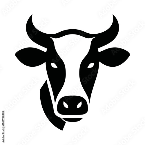 Minimalist black and white cow head logo vector illustration for dairy farms, agricultural businesses, and food branding, symbolizing freshness, quality, and natural products, perfectly suited for mil