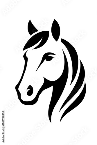Elegant stylized black and white horse head vector illustration, a minimalist equine design embodying power, grace, and freedom. Perfect for modern logos, branding, equestrian ventures, sports, and po