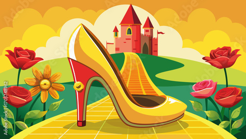 very beautiful  A high-heeled shoe, adorned with roses, encloses a yellow brick road leading to a castle within its translucent structure. Poppies bloom outside the shoe.