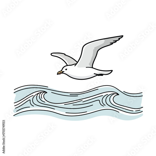 Minimalist line art illustration of a seagull gliding freely over serene ocean waves, capturing the essence of coastal peace and freedom