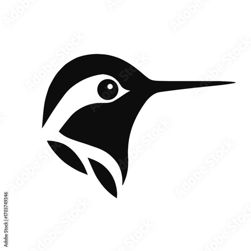 Elegant black and white hummingbird head logo with a long beak and sharp eye, a modern minimalist bird icon perfect for nature brands, wildlife organizations, eco-friendly businesses, or any design ne