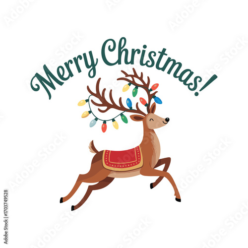 Reindeer with Christmas lights on antlers Merry Christmas greeting Keywords: christmas, reindeer.