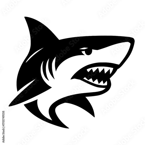 Striking Black and White Shark Head Logo Design with Aggressive Open Mouth and Sharp Teeth, Capturing the Essence of a Powerful Ocean Predator – Ideal for Sports Teams, Brands, and Dynamic Visual Iden