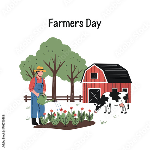 Farmers Day Illustration Celebrating Agriculture and Rural Life with Cow and Plants