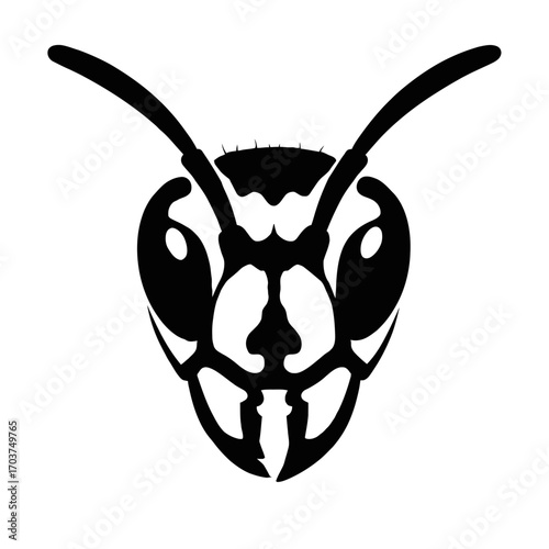 Abstract Black Ant Head Silhouette Vector Art: A striking minimalist graphic design featuring the detailed head of an ant with prominent antennae, compound eyes, and powerful mandibles, perfect for lo