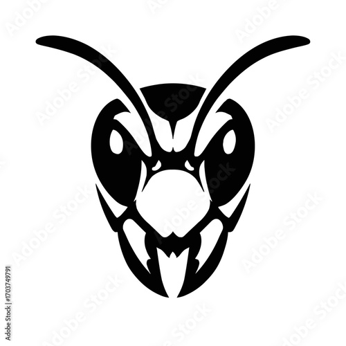 Fierce Ant Head Logo - Striking black & white minimalist insect emblem with aggressive tribal aesthetics, featuring prominent mandibles and bold antennae. A powerful vector illustration for branding.