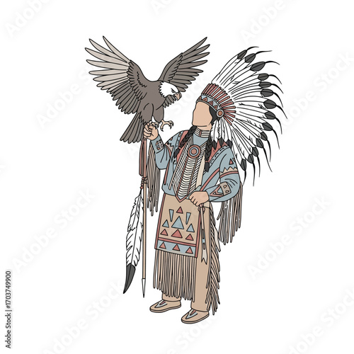 A proud indigenous man in a traditional feathered headdress holding a sacred eagle with spread wings