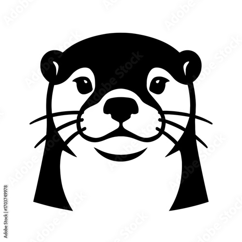 Black and white vector illustration of a friendly otter head, minimalist style, perfect for logos, mascots, and nature designs. This charming aquatic mammal icon features a gentle smile and welcoming