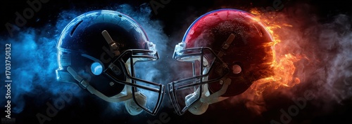 Two opposing American football helmets, one blue and one red, in a dramatic confrontation
