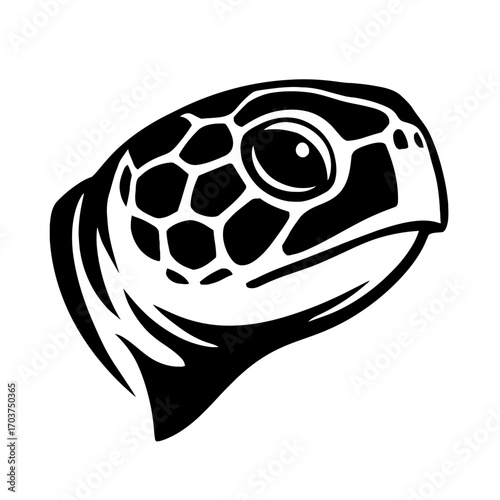 Striking minimalist black and white vector illustration of a majestic sea turtle's head, showcasing intricate scales and a serene eye, perfect for marine wildlife enthusiasts, conservation designs, an