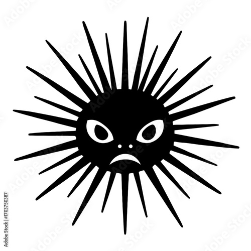 Grumpy black spiky sun vector art. A minimalist graphic: dark round body, sharp radial spikes, white oval eyes, frowning mouth. Conveys displeasure. Perfect for stylized design or a versatile, express