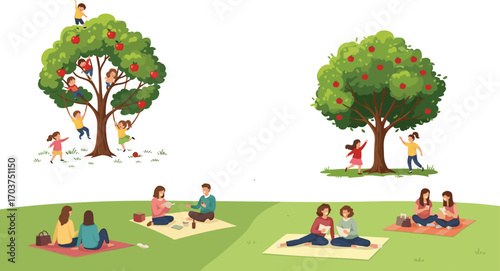 Children climbing apple tree, girls reading books on picnic blanket, outdoor playtime, summer fun, learning, nature, peaceful green park