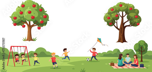 Children playing in green park, swinging, running, flying kite, group picnic, apple trees, outdoor fun, family time, nature day