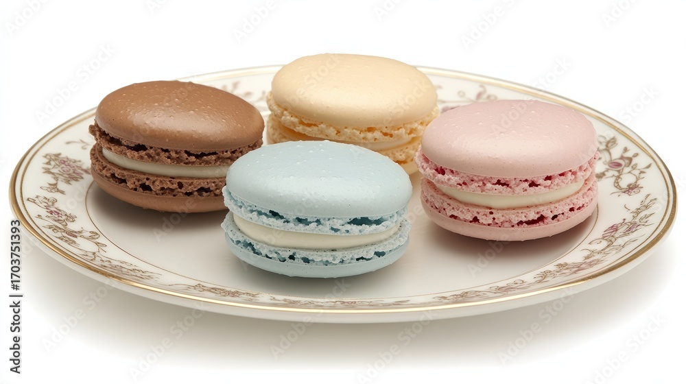 Obraz premium Colorful macarons on an ornate plate showcase a delightful dessert presentation, ideal for food blogs, culinary articles, or event invitations, enhancing the visual appeal of gourmet treats,