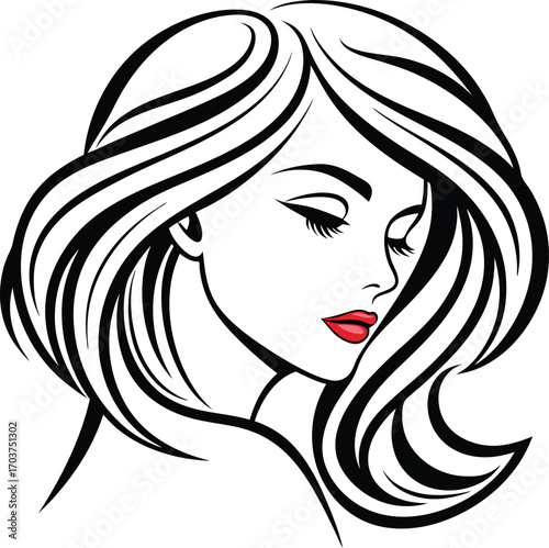 Vector art of stylized black and white illustration of a womans face with red lips