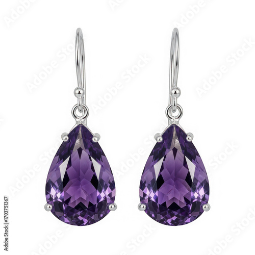 Elegant pearshaped amethyst drop earrings, showcasing deep purple gemstones suspended from silver hooks, isolated on transparent background