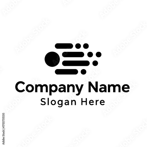 Abstract logo: solid black circle, three rounded lines, then small dots. Symbolizes rapid data flow, digital communication, tech innovation, efficient information processing for modern, forward-thinki