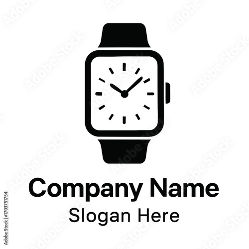 Sleek minimalist black square smartwatch logo icon with analog hands, ideal for modern wearable technology and digital timekeeping brands. Perfect for innovative tech companies, apps, and modern devic