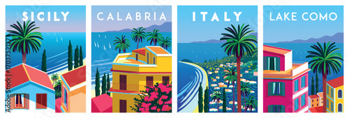 Vector Set of 4 mediterranean island cityscapes with italian small houses, blooming green trees, yachts, palms and blue sea in the background. Handmade drawing vector illustration.
