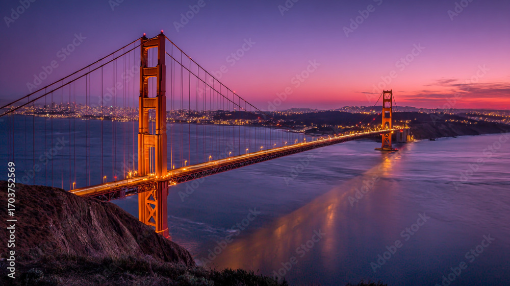 Fototapeta premium Golden Gate Bridge sunset view city lights twilight sky ocean landscape