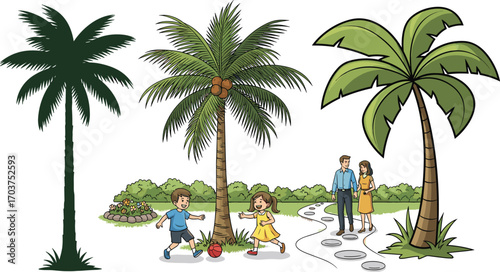 Happy family walking and kids playing in tropical park, coconut trees, summer vacation, leisure time, green nature, peaceful environment