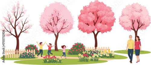 Happy kids running and playing, elderly couple walking in beautiful spring park, pink cherry blossom trees, colorful flowers, peaceful outdoor family scene.