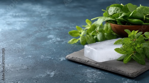 Fresh Greens Beside Ice Block on Frosty Metal Surface with Dark Background and Textured Finish