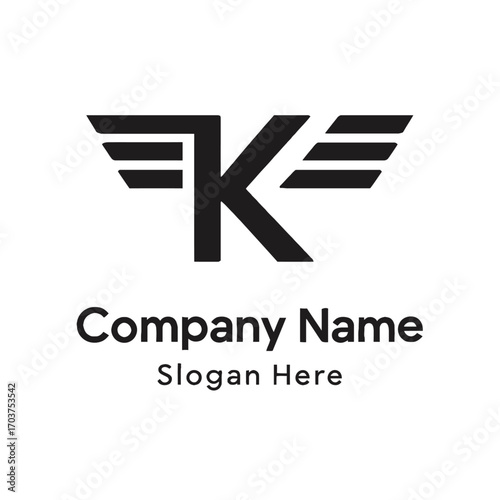 Modern K letter logo design featuring abstract, sleek, and dynamic wing elements on both sides, symbolizing speed, flight, and efficiency. This versatile black and white alphabet K icon is ideal for a