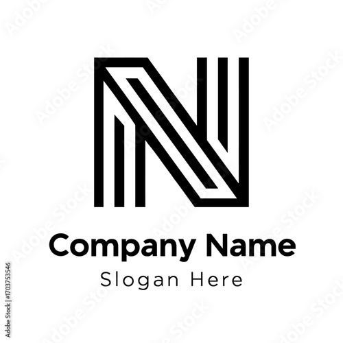 Modern N letter logo design, sleek bold parallel black lines. Geometric, minimalist, dynamic logotype. Professional, striking visual identity. Ideal for businesses, tech, finance, architecture, consul