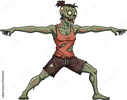 Zombie woman doing yoga pose in tattered fitness clothes, horror cartoon illustration with undead female character in stretching warrior stanceZombie woman doing yoga pose in tattered fitness clothes