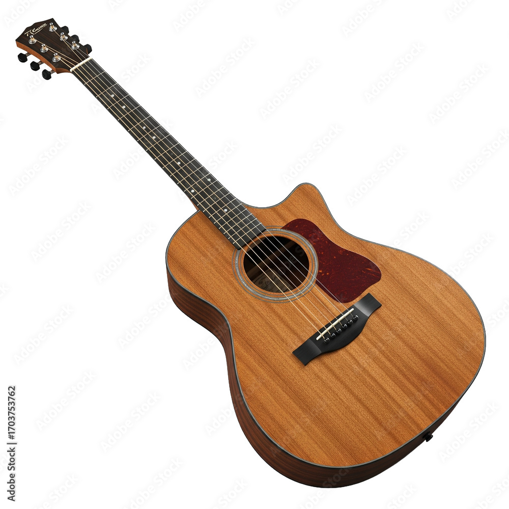 Fototapeta premium PNG einer braunen Akustikgitarre mit schwarzen Saiten, freigestellt.