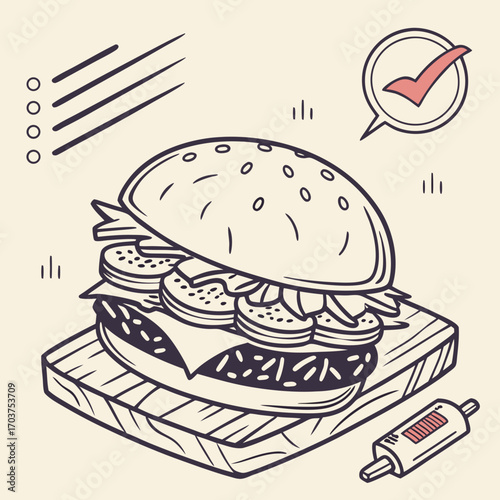 Hand-drawn illustration of a custom-ordered hamburger on a wooden board, with a checklist and approval checkmark icon