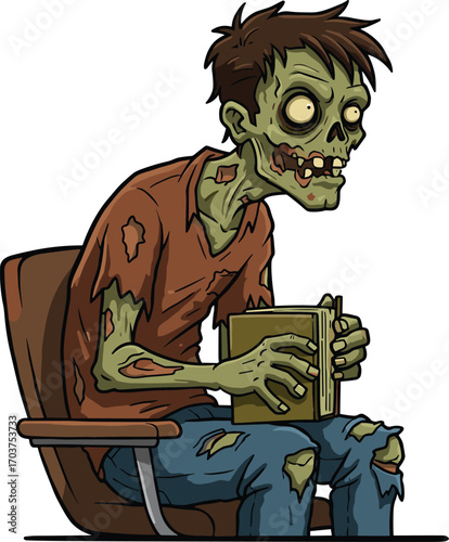 Zombie student sitting on chair holding books with tattered clothes, horror cartoon character illustration, creepy undead schoolboy vector artworkZombie student sitting on chair holding books