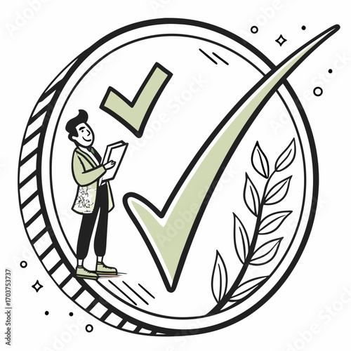 Hand-drawn doodle illustration of a quality control inspector with a clipboard next to a large green checkmark, symbolizing approval and success