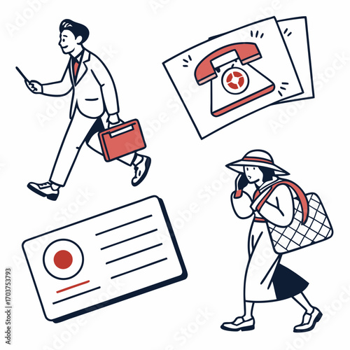 Dynamic set of hand-drawn vector illustrations depicting modern communication, business professionals on the go, and elements of daily urban life
