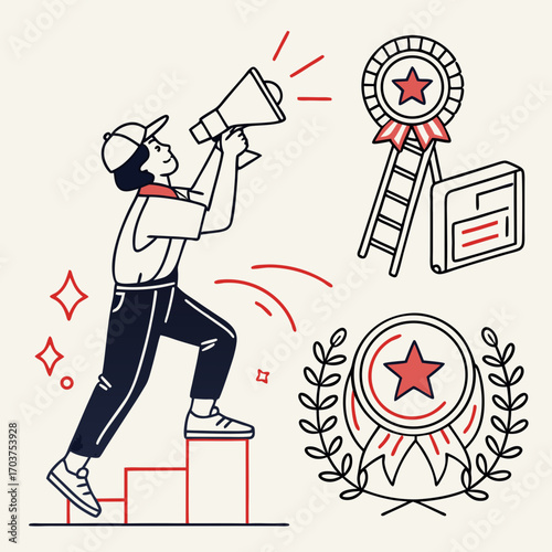 Vector illustration of a character announcing success with a megaphone while climbing the steps to achievement and recognition awards