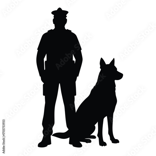 Police Officer Silhouette with K9 Dog, Law Enforcement and Canine Partnership Illustration