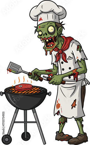 Cartoon zombie chef grilling steak on barbecue in horror cooking scene, spooky Halloween food illustration with creepy undead monster characterCartoon zombie chef grilling steak on barbecue 