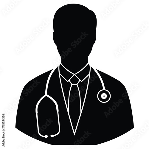 Silhouette Doctor with Stethoscope Icon, Medical Professional in Formal Attire