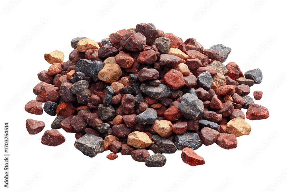 Fototapeta premium Small mound of dry kibble mix featuring rough-textured pieces in reddish and brown tones.