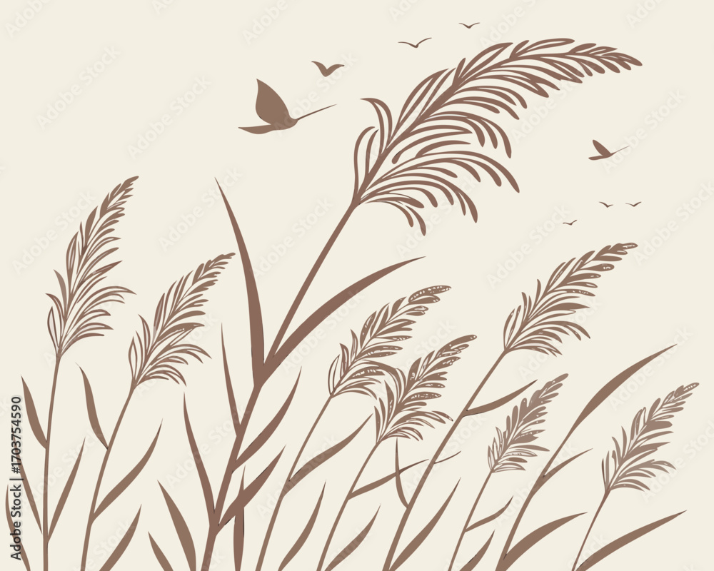 Obraz premium Soft boho seamless pattern with pampas grass and botanical line art in neutral beige earthy tones. Perfect for home decor, wallpapers, textiles, and bohemian interior design.