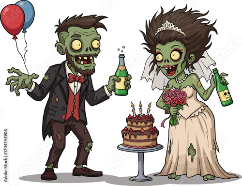 Funny Cartoon Zombie Wedding Couple Celebrating with Cake, Balloons, and Drinks in Tattered Outfits for Halloween or Undead Party IllustrationFunny Cartoon Zombie 