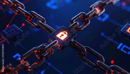 A digital illustration of interconnected chains with a security lock icon, symbolizing cybersecurity and data protection in a tech-themed environment.