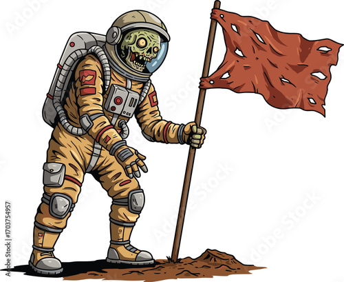 Zombie astronaut in tattered space suit planting damaged flag on alien planet surface, creepy undead space explorer vector illustration conceptZombie 