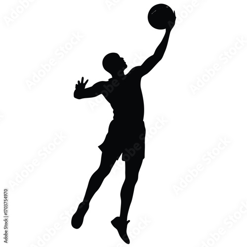 Silhouette Illustration of a Basketball Player Jumping for the Ball High Up