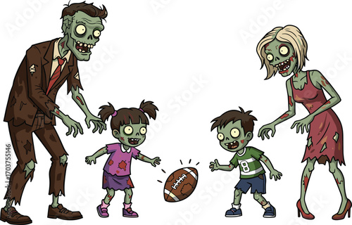 Zombie Family Playing Football Together Funny Halloween Cartoon Illustration with Kids and Parents in Tattered Clothes Isolated on WhiteZombie Family Playing Football Together 