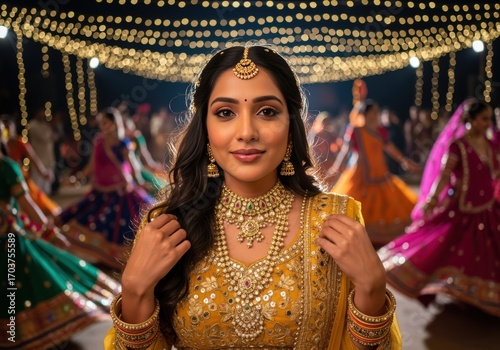 Beautiful Indian Woman in Gold Lehenga Choli, Traditional Jewelry, at a Vibrant Festival with Dancers